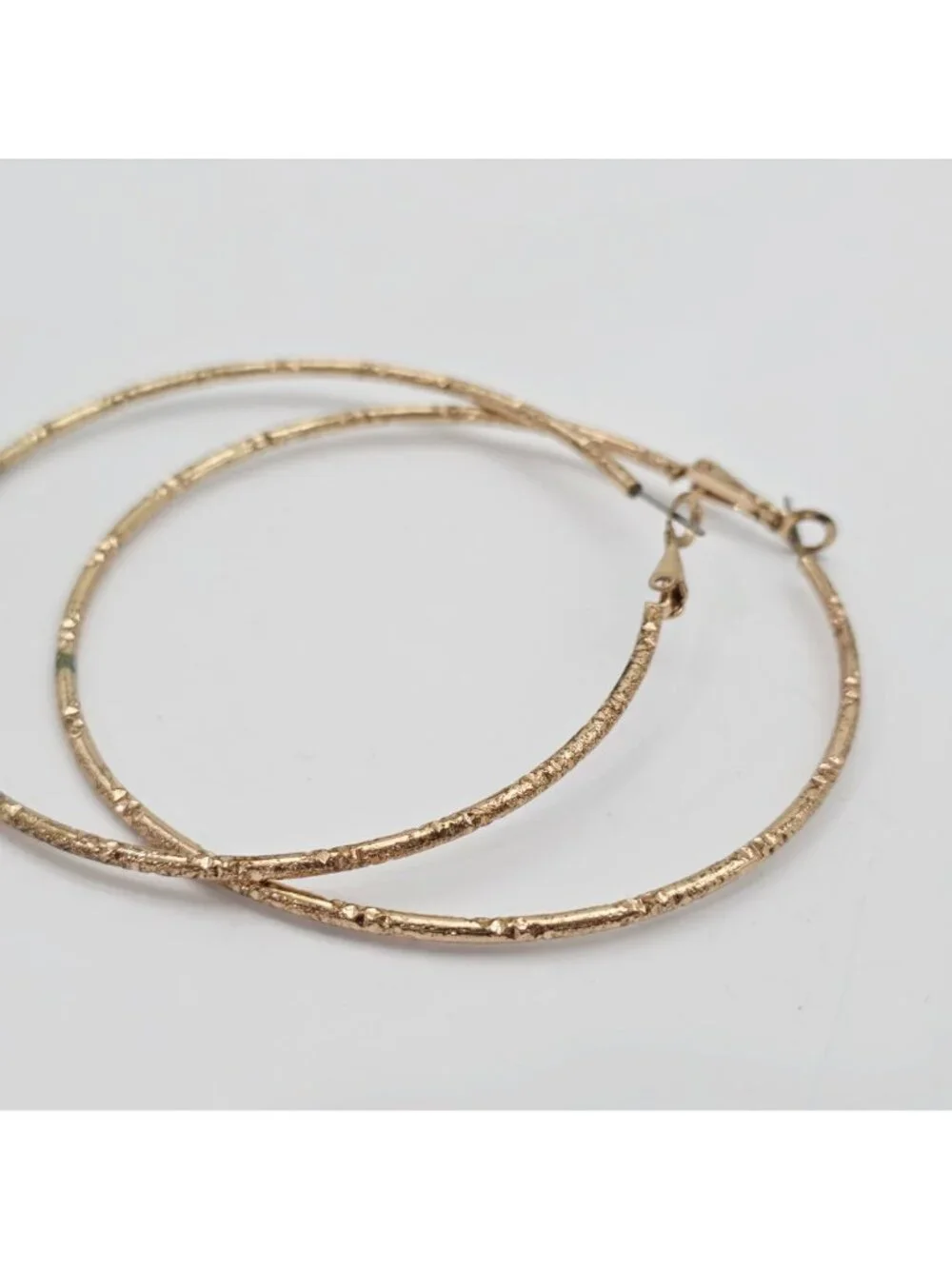 Textured Gold-Tone Metal Hoop Earrings With Lever Back Closure - 3 Inch Diameter - Picture 3 of 6